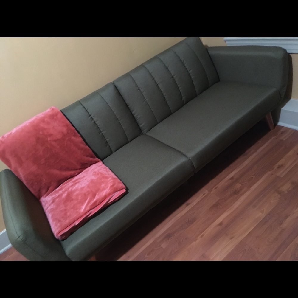 Futon couch that turns into a flat bed for two.